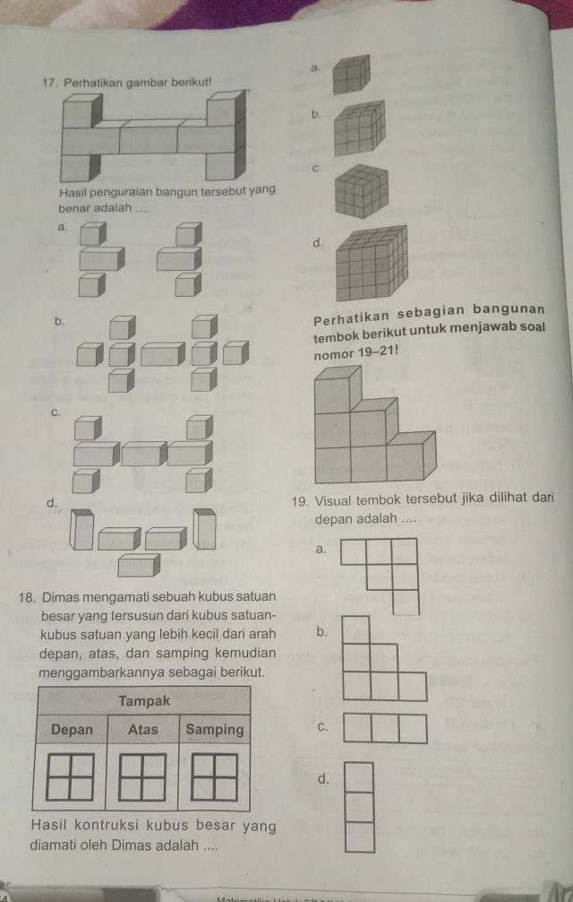 a.
b.
C.
Hasil penguraian bangun tersebut yang
benar adalah ....
a.
d.
b.
Perhatikan sebagian bangunan
tembok berikut untuk menjawab soal
nomor 19-21!
C.
d.
19. Visual tembok tersebut jika dilihat dari
depan adalah ....
a.
18. Dimas mengamati sebuah kubus satuan
besar yang tersusun dari kubus satuan-
kubus satuan yang lebih kecil dari arah b.
depan, atas, dan samping kemudian
menggambarkannya sebagai berikut.
Tampak
Depan Atas Samping C.
d.
Hasil kontruksi kubus besar yang
diamati oleh Dimas adalah ....