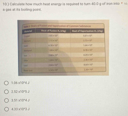 10.) Calculate how much heat energy is required to turn 40.0 g of iron into * 10
a gas at its boiling point.
1.06* 10^(wedge)4J
2.52* 10^(wedge)5J
3.51* 10^(wedge)4J
4.33* 10^(wedge)3J