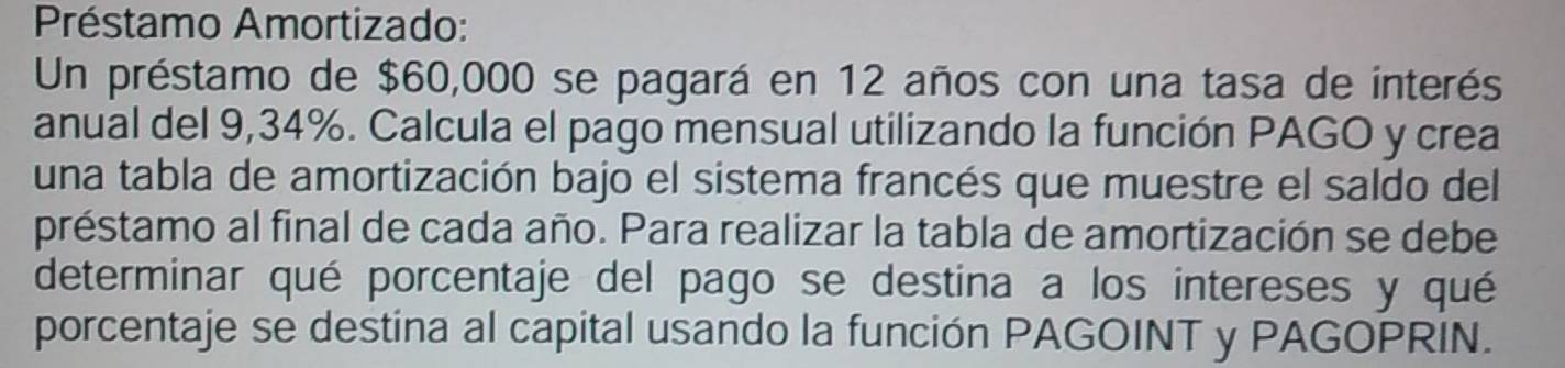 Préstamo Amortizado: 
Un préstamo de $60,000 se pagará en 12 años con una tasa de interés 
anual del 9,34%. Calcula el pago mensual utilizando la función PAGO y crea 
una tabla de amortización bajo el sistema francés que muestre el saldo del 
préstamo al final de cada año. Para realizar la tabla de amortización se debe 
determinar qué porcentaje del pago se destina a los intereses y qué 
porcentaje se destina al capital usando la función PAGOINT y PAGOPRIN.