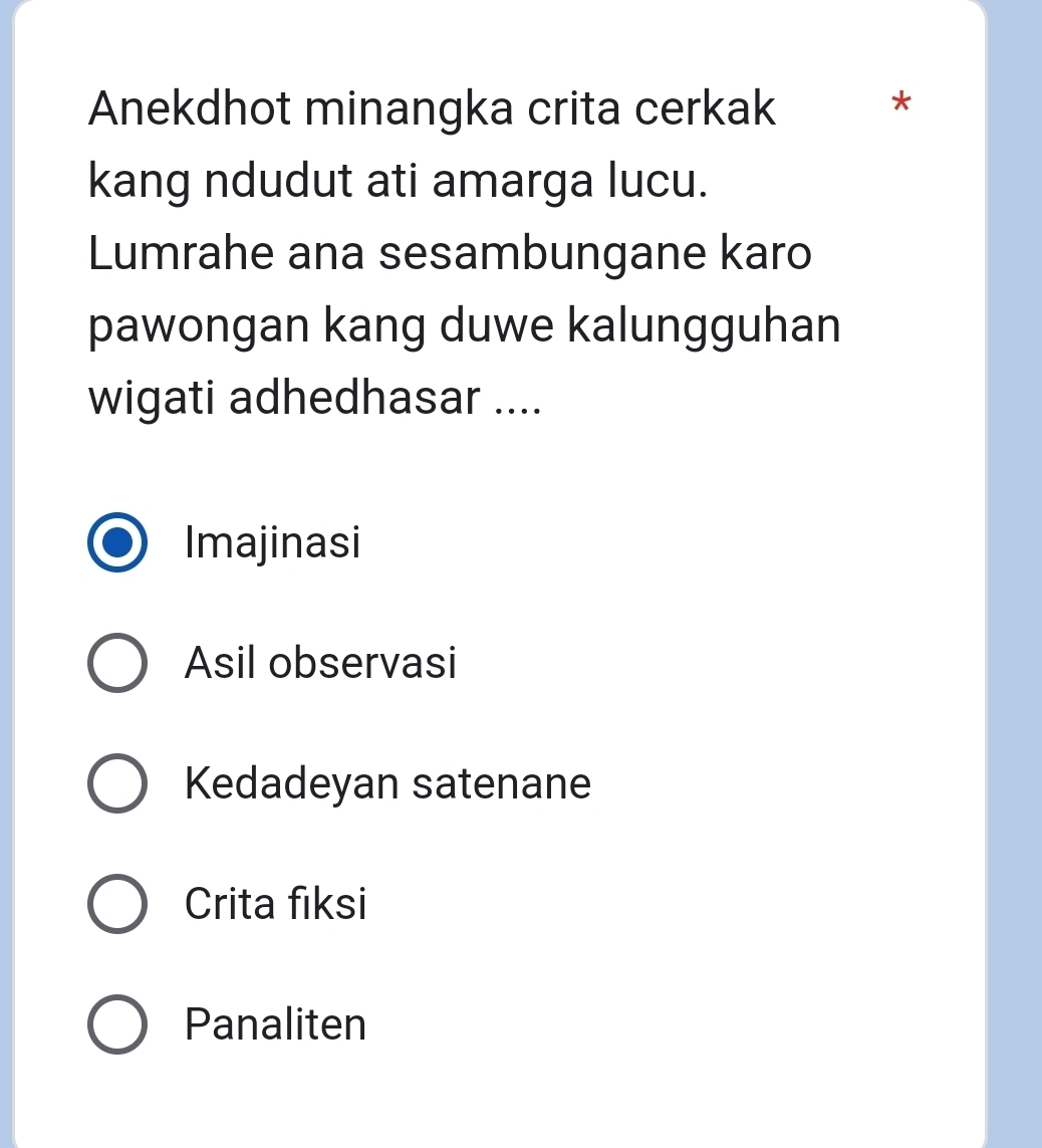 Anekdhot minangka crita cerkak
*
kang ndudut ati amarga lucu.
Lumrahe ana sesambungane karo
pawongan kang duwe kalungguhan
wigati adhedhasar ....
Imajinasi
Asil observasi
Kedadeyan satenane
Crita fiksi
Panaliten