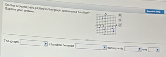 Explain your answer Do the ordered pairs plotted in the graph represent a function? 
Quevtion Hal 
The graph □ a function because □ corresponds □ one boxed π 