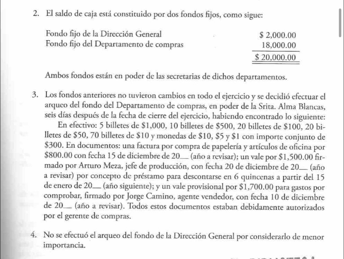 El saldo de caja está constituido por dos fondos fijos, como sigue:
Fondo fijo de la Dirección General
Fondo fijo del Departamento de compras
beginarrayr $2,000.00 18,000.00 hline _ $20,000.00 hline endarray
Ambos fondos están en poder de las secretarias de dichos departamentos.
3. Los fondos anteriores no tuvieron cambios en todo el ejercicio y se decidió efectuar el
arqueo del fondo del Departamento de compras, en poder de la Srita. Alma Blancas,
seis días después de la fecha de cierre del ejercicio, habiendo encontrado lo siguiente:
En efectivo: 5 billetes de $1,000, 10 billetes de $500, 20 billetes de $100, 20 bi-
lletes de $50, 70 billetes de $10 y monedas de $10, $5 y $1 con importe conjunto de
$300. En documentos: una factura por compra de papelería y artículos de oficina por
$800.00 con fecha 15 de diciembre de 20_ (año a revisar); un vale por $1,500.00 fir-
mado por Arturo Meza, jefe de producción, con fecha 20 de diciembre de 20.  (año
a revisar) por concepto de préstamo para descontarse en 6 quincenas a partir del 15
de enero de 20._ ___ (año siguiente); y un vale provisional por $1,700.00 para gastos por
comprobar, firmado por Jorge Camino, agente vendedor, con fecha 10 de diciembre
de 20_ _ (año a revisar). Todos estos documentos estaban debidamente autorizados
por el gerente de compras.
4. No se efectuó el arqueo del fondo de la Dirección General por considerarlo de menor
importancia.