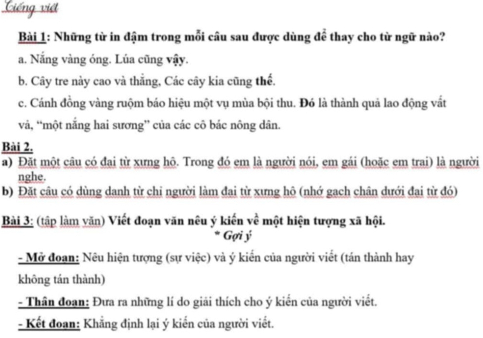 Ciếng việt 
Bài 1: Những từ in đậm trong mỗi câu sau được dùng để thay cho từ ngữ nào? 
a. Nắng vàng óng. Lúa cũng vậy. 
b. Cây tre này cao và thẳng, Các cây kia cũng thế. 
c. Cánh đồng vàng ruộm báo hiệu một vụ mùa bội thu. Đó là thành quả lao động vất 
vả, “một nắng hai sương” của các cô bác nông dân. 
Bài 2. 
a) Đặt một câu có đai từ xưng hô. Trong đó em là người nói, em gái (hoặc em trai) là người 
nghe. 
b) Đặt câu có dùng danh từ chỉ người làm đai từ xưng hô (nhớ gach chân dưới đại từ đó) 
Bài 3: (tập làm văn) Viết đoạn văn nêu ý kiến về một hiện tượng xã hội. 
* Gợi ý
- Mở đoan: Nêu hiện tượng (sự việc) và ý kiển của người viết (tán thành hay 
không tán thành) 
- Thân đoạn: Đưa ra những lí do giải thích cho ý kiến của người viết. 
- Kết đoạn: Khẳng định lại ý kiến của người viết.