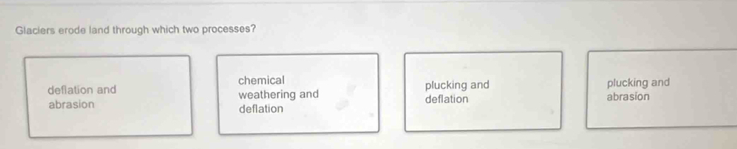 Glaciers erode land through which two processes?
chemical
deflation and plucking and plucking and
abrasion weathering and abrasion
deflation deflation