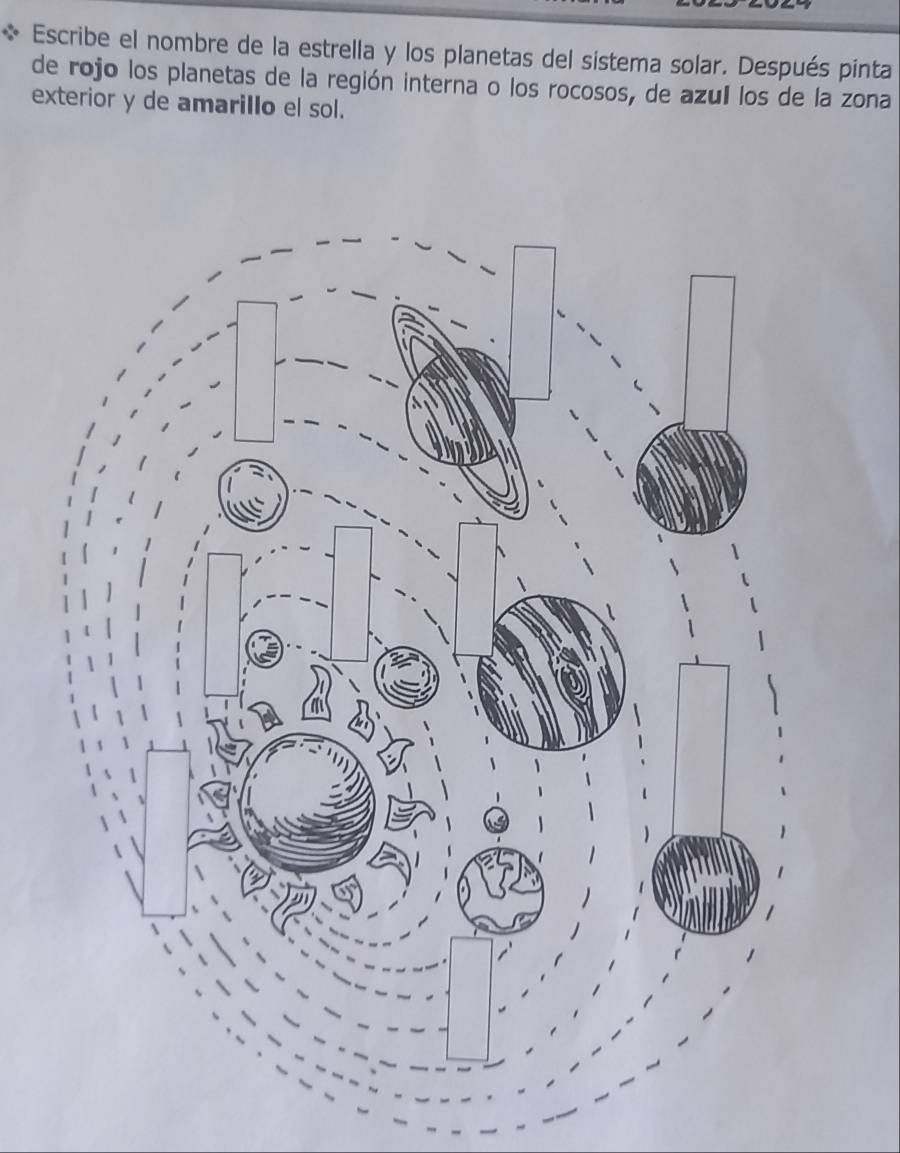 Escribe el nombre de la estrella y los planetas del sistema solar. Después pinta 
de rojo los planetas de la región interna o los rocosos, de azul los de la zona 
exterior y de amariIIo el sol.