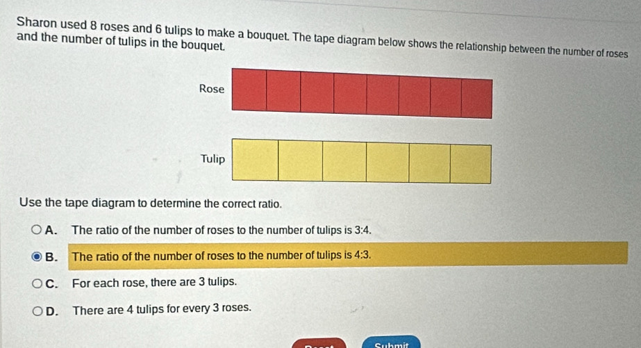 Sharon used 8 roses and 6 tulips to make a bouquet. The tape diagram below shows the relationship between the number of roses
and the number of tulips in the bouquet.
Use the tape diagram to determine the correct ratio.
A. The ratio of the number of roses to the number of tulips is 3:4.
B. The ratio of the number of roses to the number of tulips is 4:3.
C. For each rose, there are 3 tulips.
D. There are 4 tulips for every 3 roses.
Submit