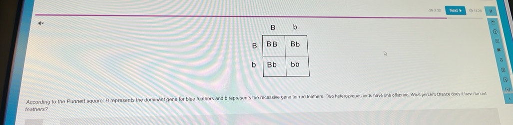 of 22 Next 》 ⑤ 1828 
* 
B b 
a 
a 
According to the Punnett square: B represents the dominant gene for blue feathers and b represents the recessive gene for red feathers. Two heterozygous birds have one offspring. What percent chance does it have for red 
feathers?