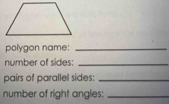 polygon name:_ 
number of sides:_ 
pairs of parallel sides:_ 
number of right angles:_