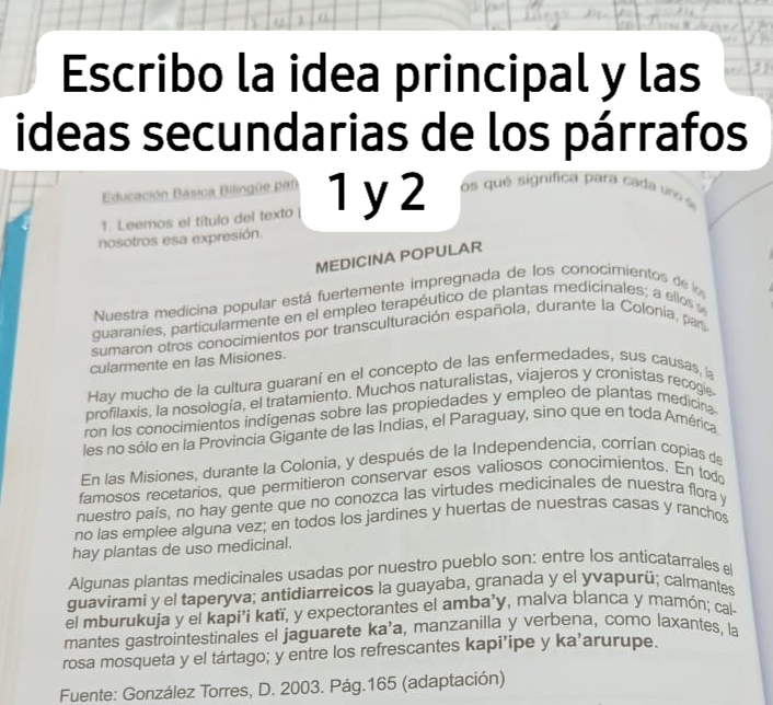 Escribo la idea principal y las
ideas secundarias de los párrafos
Educación Básica Bilingüe paB
↑ Leemos el título del texto 1 y 2 os que significa bara cada uno é
nosotros esa expresión.
MEDICINA POPULAR
Nuestra medicina popular está fuertemente impregnada de los conocimientos de l
guaraníes, particularmente en el empleo terapéutico de plantas medicinales; a ellos 
sumaron otros conocimientos por transculturación española, durante la Colonia, par
cularmente en las Misiones.
Hay mucho de la cultura guaraní en el concepto de las enfermedades, sus causas, 
profilaxis, la nosología, el tratamiento. Muchos naturalistas, viajeros y cronistas recogie
ron los conocimientos indígenas sobre las propiedades y empleo de plantas medicina
les no sólo en la Provincia Gigante de las Indias, el Paraguay, sino que en toda América
En las Misiones, durante la Colonia, y después de la Independencia, corrían copias de
famosos recetarios, que permitieron conservar esos valiosos conocimientos. En todo
nuestro país, no hay gente que no conozca las virtudes medicinales de nuestra flora y
no las emplee alguna vez; en todos los jardines y huertas de nuestras casas y ranchos
hay plantas de uso medicinal.
Algunas plantas medicinales usadas por nuestro pueblo son: entre los anticatarrales 
guavirami y el taperyva; antidiarreicos la guayaba, granada y el yvapurü; calmantes
el mburukuja y el kapi’i katï, y expectorantes el amba’y, malva blanca y mamón; cal
mantes gastrointestinales el jaguarete ka’a, manzanilla y verbena, como laxantes, la
rosa mosqueta y el tártago; y entre los refrescantes kapi’ipe y ka’arurupe.
Fuente: González Torres, D. 2003. Pág.165 (adaptación)