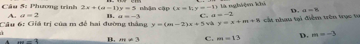 Phương trình 2x+(a-1)y=5 nhận cặp (x=1;y=-1) là nghiệm khi
D. a=8
A. a=2 B. a=-3 C. a=-2
a cất nhau tại điểm trên trục tu
Câu 6: Giá trị của m để hai đường thằng y=(m-2)x+5 và y=x+m+8
D. m=-3
A m=3
B. m!= 3 C. m=13