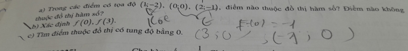 Trong các điểm có tọa độ 
thuộc đồ thị hàm số? (1;-2), (0;0), (2;-1) , điểm nào thuộc đồ thị hàm số? Điểm nào không 
(b) Xác định f(0), f(3). 
c) Tìm điểm thuộc đồ thị có tung độ bằng 0. 
1