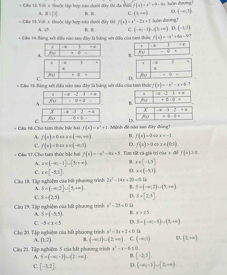 Cầu 12. Với x thuộc tập hợp nào dưới đây thì đa thức f(x)=x^2+9-6x luôn dương?
A. R| 3 . B、R 、 C. (3;+∈fty ). D. (-∈fty ;3).
= Cầu 13. Với x thuộc tập hợp nào dưới đây thì f(x)=x^2-2x+3 luôn dương?
A. ∅. B.R . C. (-∈fty ;-1)∪ (3;+∈fty ). D. (-1;3).
Cầu 14.Bảng xét dấu nào sau đây là bảng xét dấu của tam thức f(x)=-x^2+6x-9 ?
A

C
-  Câu 15. Bảng xét dấu nào sau đây là bảng xét dấu của tam thức f(x)=-x^2-x+6 ?

A
 
Câu 16. Cho tam thức bậc hai f(x)=x^2+1. Mệnh đề nào sau đây đúng?
B.
A. f(x)>0Leftrightarrow x∈ (-∈fty ;+∈fty ). f(x)=0Leftrightarrow x=-1.
D.
C. f(x)<0Leftrightarrow x∈ (-∈fty ;1). f(x)>0Leftrightarrow x∈ (0;1).
» Câu 17.Cho tam thức bậc hai f(x)=-x^2-4x+5.  Tìm tất cả giá trị của x để f(x)≥ 0.
B.
A. x∈ (-∈fty ;-1]∪ [5;+∈fty ). x∈ [-1;5].
D.
C. x∈ [-5;1]. x∈ (-5;1).
Câu 18. Tập nghiệm của bất phương trình 2x^2-14x+20<0</tex> là
B.
A. S=(-∈fty ;2]∪ [5;+∈fty ). S=(-∈fty ;2)∪ (5;+∈fty ).
D.
C. S=(2;5). S=[2;5].
Câu 19. Tập nghiệm của bất phương trình x^2-25<0</tex> là
A. S=(-5;5).
B. x>± 5.
C. -5
D. S=(-∈fty ;-5)∪ (5;+∈fty ).
Câu 20. Tập nghiệm của bất phương trình x^2-3x+2<0</tex> là
A. (1;2). B. (-∈fty ;1)∪ (2;+∈fty ) C. (-∈fty ;1). D. (2;+∈fty ).
Câu 21. Tập nghiệm S của bất phương trình x^2-x-6≤ 0.
B.
A. S=(-∈fty ;-3)∪ (2:+∈fty ). [-2;3].
D.
C. [-3;2]. (-∈fty ;-3]∪ [2;+∈fty ).