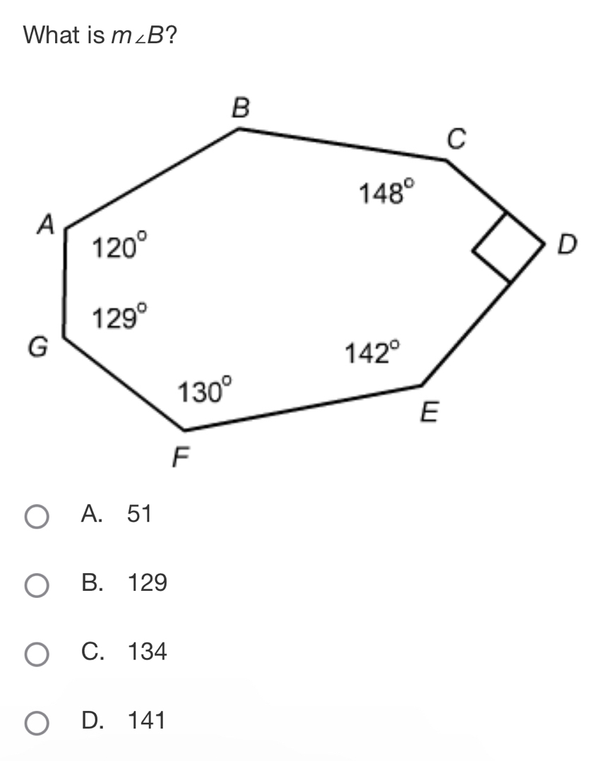 What is m∠ B ?
A. 51
B. 129
C. 134
D. 141