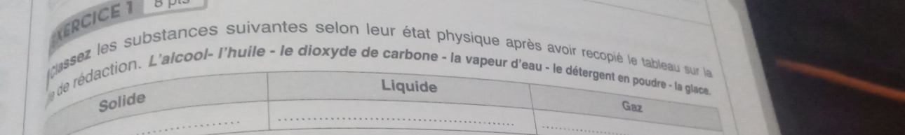 ERCICE 1 op 
ssez les substances suivantes selon leur état physique après avoir recopié le ta 
. L'alcool- l'huile - le dioxyde de carbone - la vapeu