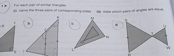 For each pair of similar triangles 
(i) name the three pairs of corresponding sides (ii) state which pairs of angles are equal.
d