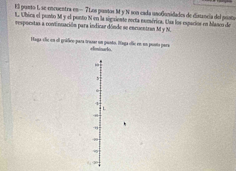 El punto L se encuentra en — 7Los puntos M y N son cada unobunidades de distancia del punto 
L. Ubica el punto M y el punto N en la siguiente recta numérica. Usa los espacios en blanco de 
respuestas a continuación para indicar dónde se encuentran M y N. 
Haga clic en el gráfico para trazar un punto. Haga clic en un punto para 
eliminarlo.
10
5
0
-5
L
-10
-15
-20
-25 -
-30