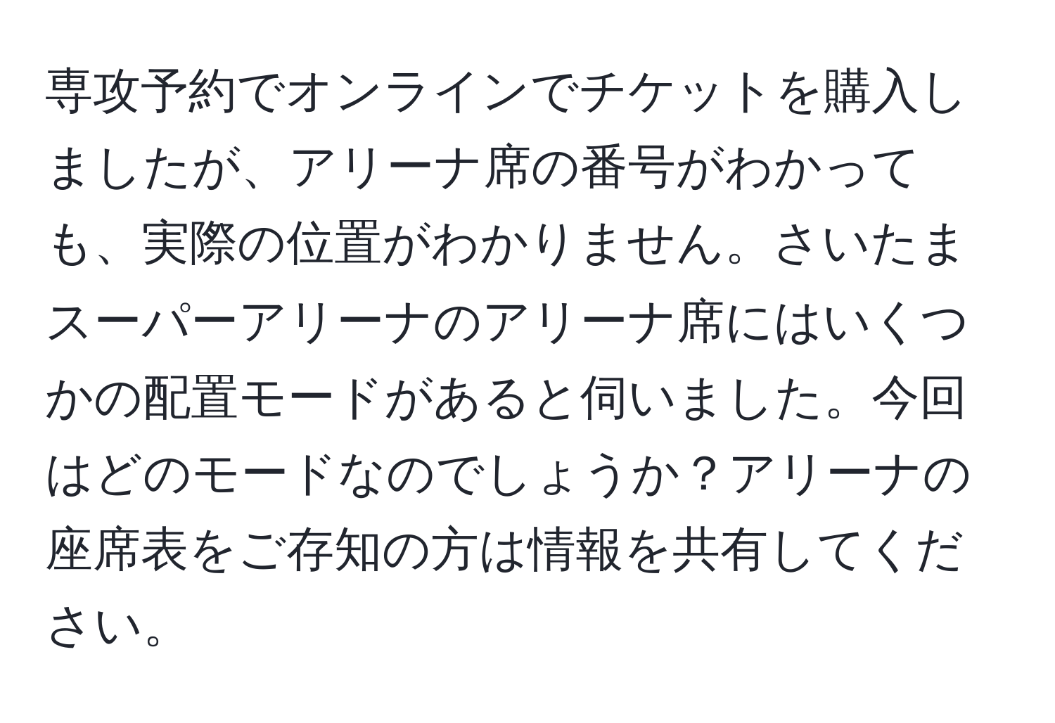 専攻予約でオンラインでチケットを購入しましたが、アリーナ席の番号がわかっても、実際の位置がわかりません。さいたまスーパーアリーナのアリーナ席にはいくつかの配置モードがあると伺いました。今回はどのモードなのでしょうか？アリーナの座席表をご存知の方は情報を共有してください。