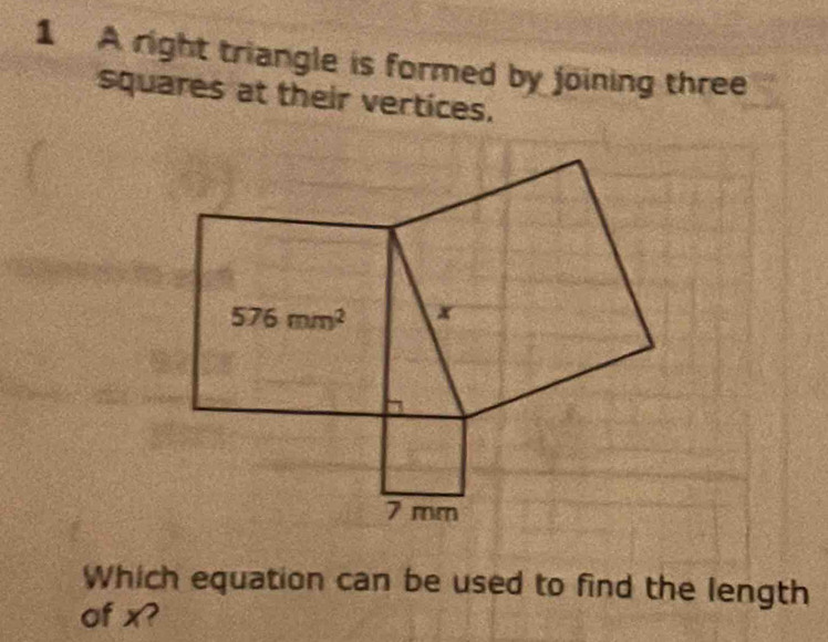 A right triangle is formed by joining three
squares at their vertices.
Which equation can be used to find the length
of x?