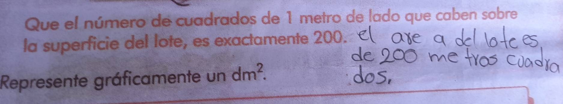 Que el número de cuadrados de 1 metro de lado que caben sobre 
la superficie del lote, es exactamente 200. 
Represente gráficamente un dm^2.