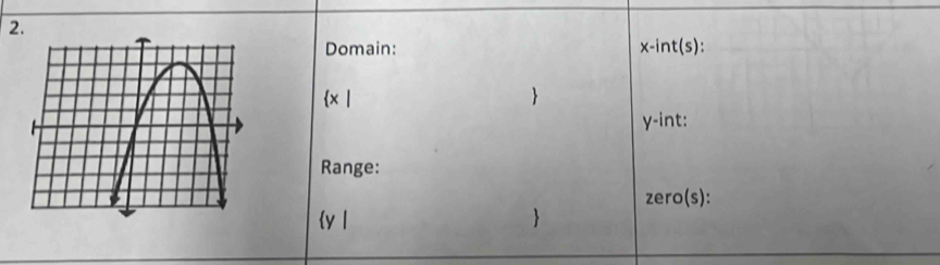 Domain: x -int(s):
 x|

y -int: 
Range:
zero(s)
 y|
