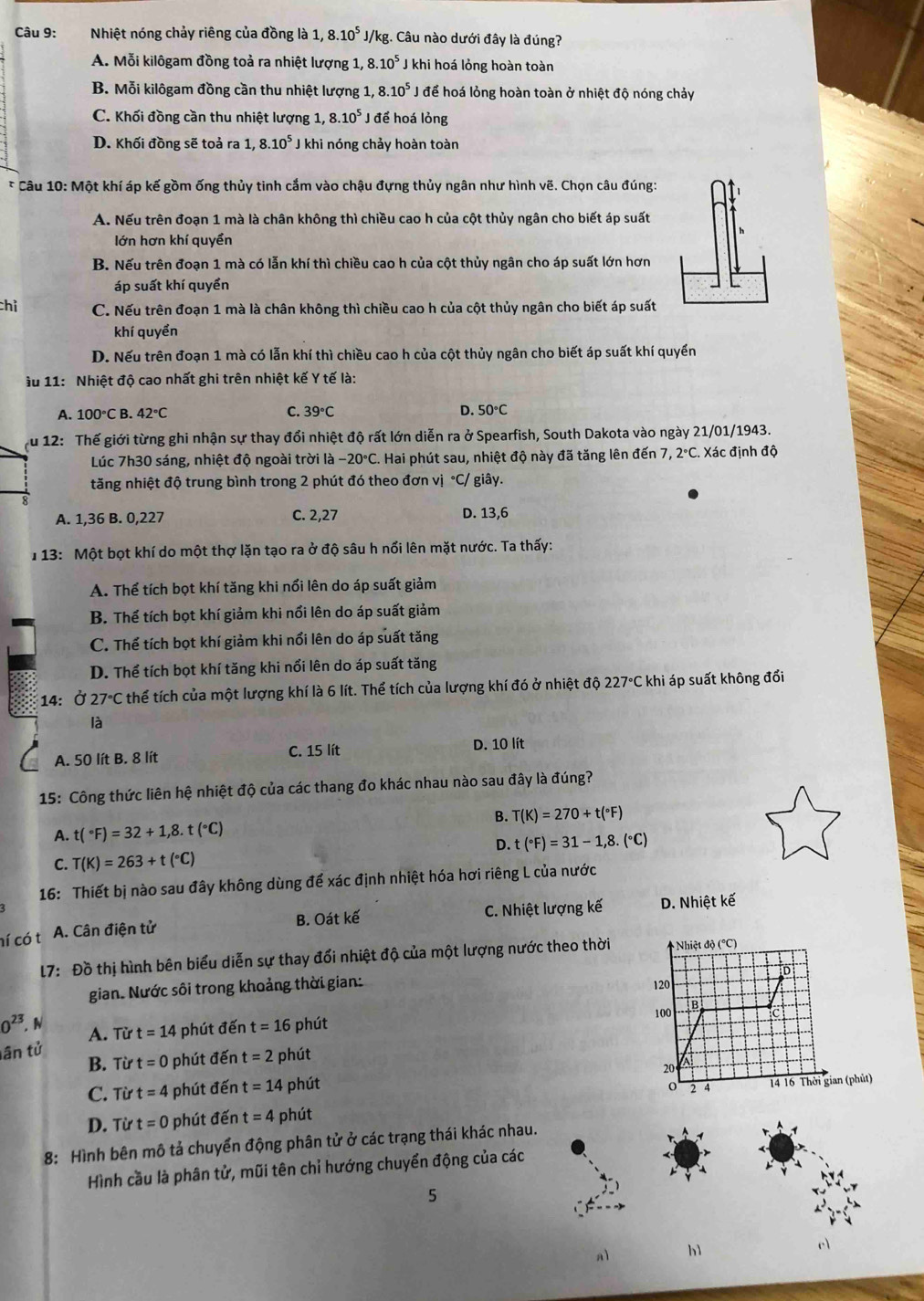 Nhiệt nóng chảy riêng của đồng là 1,8.10^5 J/kg. Câu nào dưới đây là đúng?
A. Mỗi kilôgam đồng toả ra nhiệt lượng : 1,8.10^5 J khi hoá lỏng hoàn toàn
B. Mỗi kilôgam đồng cần thu nhiệt lượng 1,8.10^5 J để hoá lỏng hoàn toàn ở nhiệt độ nóng chảy
C. Khối đồng cần thu nhiệt lượng 1,8.10^5 J để hoá lỏng
D. Khối đồng sẽ toả ra 1, :.10^5J khi nóng chảy hoàn toàn
* Câu 10: Một khí áp kế gồm ống thủy tinh cắm vào chậu đựng thủy ngân như hình vẽ. Chọn câu đúng:
A. Nếu trên đoạn 1 mà là chân không thì chiều cao h của cột thủy ngân cho biết áp suất
lớn hơn khí quyền
B. Nếu trên đoạn 1 mà có lẫn khí thì chiều cao h của cột thủy ngân cho áp suất lớn hơn
áp suất khí quyển
chỉ C. Nếu trên đoạn 1 mà là chân không thì chiều cao h của cột thủy ngân cho biết áp suất
khí quyển
D. Nếu trên đoạn 1 mà có lẫn khí thì chiều cao h của cột thủy ngân cho biết áp suất khí quyền
ậu 11: Nhiệt độ cao nhất ghi trên nhiệt kế Y tế là:
A. 100°CE 2 42°C C. 39°C D. 50°C
ậu 12: Thế giới từng ghi nhận sự thay đổi nhiệt độ rất lớn diễn ra ở Spearfish, South Dakota vào ngày 21/01/1943.
Lúc 7h30 sáng, nhiệt độ ngoài trời là - -20°C 1. Hai phút sau, nhiệt độ này đã tăng lên đến 7, 2°C C. Xác định độ
tăng nhiệt độ trung bình trong 2 phút đó theo đơn vị °C/ giây.
R
A. 1,36 B. 0,227 C. 2,27 D. 13,6
1 13: Một bọt khí do một thợ lặn tạo ra ở độ sâu h nổi lên mặt nước. Ta thấy:
A. Thể tích bọt khí tăng khi nổi lên do áp suất giảm
B. Thể tích bọt khí giảm khi nổi lên do áp suất giảm
C. Thể tích bọt khí giảm khi nổi lên do áp suất tăng
D. Thể tích bọt khí tăng khi nổi lên do áp suất tăng
14: C 27°C thể tích của một lượng khí là 6 lít. Thể tích của lượng khí đó ở nhiệt độ 227°C khi áp suất không đổi
là
A. 50 lít B. 8 lít C. 15 lít D. 10 lít
15: Công thức liên hệ nhiệt độ của các thang đo khác nhau nào sau đây là đúng?
B. T(K)=270+t(^circ F)
A. t(^circ F)=32+1,8.t(^circ C)
C. T(K)=263+t(^circ C) D. t(^circ F)=31-1,8.(^circ C)
16: Thiết bị nào sau đây không dùng để xác định nhiệt hóa hơi riêng L của nước
ní có t A. Cân điện tử B. Oát kế C. Nhiệt lượng kế D. Nhiệt kế
L7: Đồ thị hình bên biểu diễn sự thay đổi nhiệt độ của một lượng nước theo thời
gian. Nước sôi trong khoảng thời gian:
0^(23). N A. Từ t=14 phút đến t=16 phút
ân tử
B. Từ t=0 phút đến t=2 phút
C. Từ t=4 phút đến t=14 phút 
D. Từ t=0 phút đến t=4 phút
8: Hình bên mô tả chuyển động phân tử ở các trạng thái khác nhau.
r
Hình cầu là phân tử, mũi tên chỉ hướng chuyển động của các
5
a1 h1
c