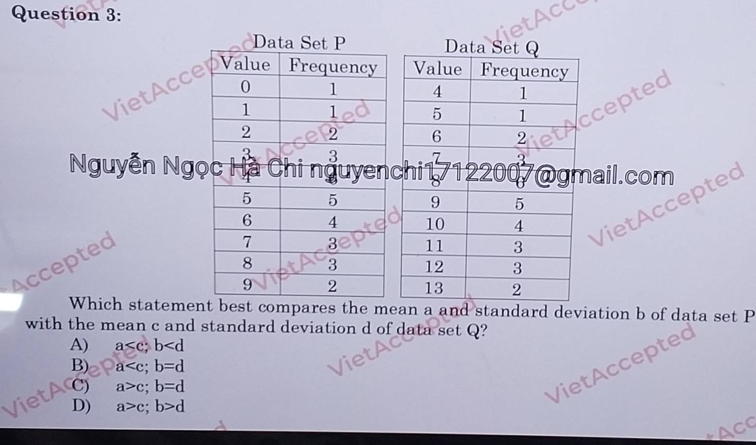 Data Set PDa
VietAcc
cepted
Nguyễn Ngọc H Chihi 17 @ail.com
VietAccepted
Accepted
Which statement best compares the mean a and standard deviation b of data set P
with the mean c and standard deviation d of data set Q?
A) a ; b
B) a ; b=d
C) a>c;b=d
VietAccepted
et D) a>c; b>d