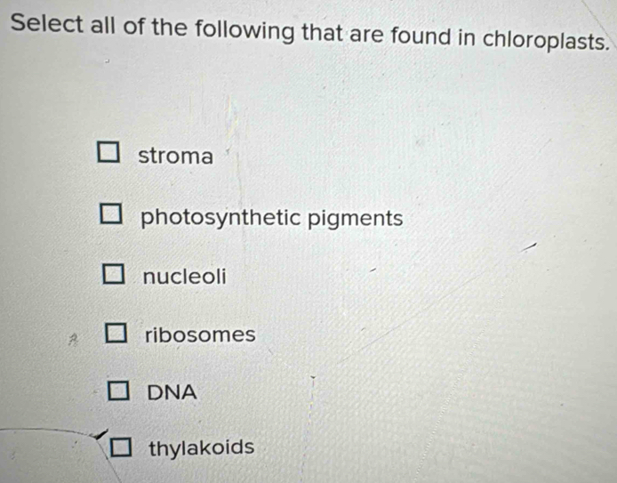 Select all of the following that are found in chloroplasts.
stroma
photosynthetic pigments
nucleoli
ribosomes
DNA
thylakoids