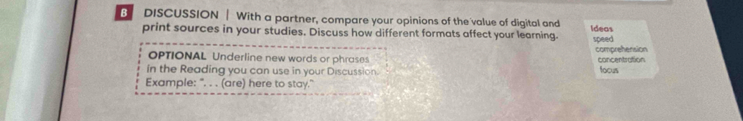 DISCUSSION | With a partner, compare your opinions of the value of digital and Ideas 
print sources in your studies. Discuss how different formats affect your learning. speed 
comprehension 
OPTIONAL Underline new words or phrases concentration 
in the Reading you can use in your Discussion. focus 
Example: ". . . (are) here to stay."