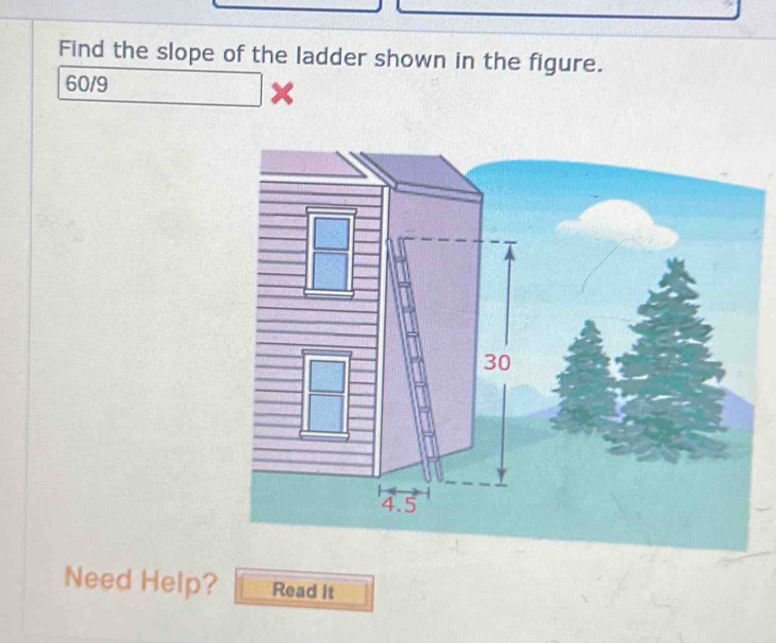 Find the slope of the ladder shown in the figure.
60/9
Need Help? Read it