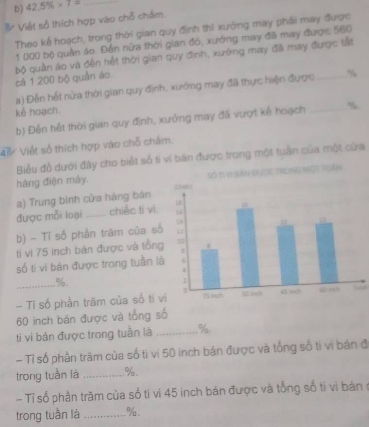 42,5% * 7= _ 
1 Việt số thích hợp vào chỗ chấm. 
Theo kế hoạch, trong thời gian quy định thi xưởng may phải may được
1 000 bộ quản áo. Đến nửa thời gian đó, xưởng may đã may được 560
bộ quần áo và đến hết thời gian quy định, xưởng may đã may được tất 
cả 1 200 bộ quân áo. 
a) Đến hết nừa thời gian quy định, xưởng may đã thực hiện được _ %
kể hoạch. 
b) Đến hết thời gian quy định, xưởng may đã vượt kế hoạch _9 
4 Viết số thích hợp vào chỗ chấm. 
Biểu đồ dưới đây cho biết số ti vi bán được trong một tuần của một cửa 
hàng điện máy. được trong Một tuần 
a) Trung bình cửa hàng bản 
được mỗi loại _chiếc tì vi. 
b) - Tí số phần trăm của s 
ti vi 75 inch bán được và tổn 
số ti vi bán được trong tuần 
_. %. 
- Tỉ số phần trăm của số ti Sow
60 inch bán được và tổng số 
ti vì bán được trong tuần là _ %
- Tỉ số phần trăm của số ti vi 50 inch bán được và tổng số tì vi bán đ 
trong tuần là _ %. 
- Tỉ số phần trăm của số ti vi 45 inch bán được và tổng số ti vi bán ở 
trong tuần là _ %.