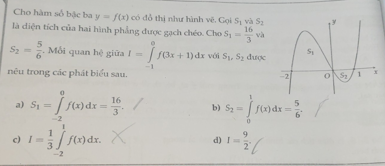 Cho hàm số bậc ba y=f(x) có đồ thị như hình vẽ. Gọi S_1 và S_2
là diện tích của hai hình phẳng được gạch chéo. Cho S_1= 16/3 va
S_2= 5/6 . Mối quan hệ giữa I=∈tlimits _(-1)^0f(3x+1)dx với S_1,S_2 được
nêu trong các phát biểu sau.
a) S_1=∈tlimits _(-2)^0f(x)dx= 16/3 .
b) S_2=∈tlimits _0^(1f(x)dx=frac 5)6.
c) I= 1/3 ∈tlimits _(-2)^1f(x)dx.
d) I= 9/2 .