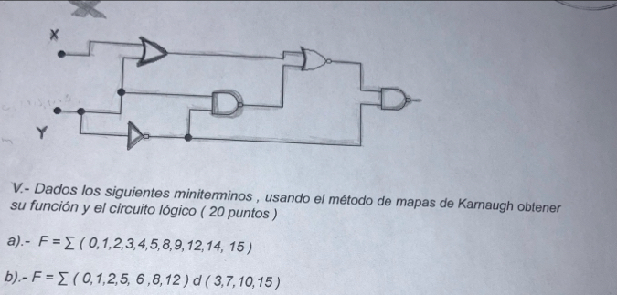 Dados los siguientes miniterminos , usando el método de mapas de Karnaugh obtener 
su función y el circuito lógico ( 20 puntos ) 
a). - F=sumlimits (0,1,2,3,4,5,8,9,12,14,15)
b). -F=sumlimits (0,1,2,5,6,8,12)d(3,7,10,15)