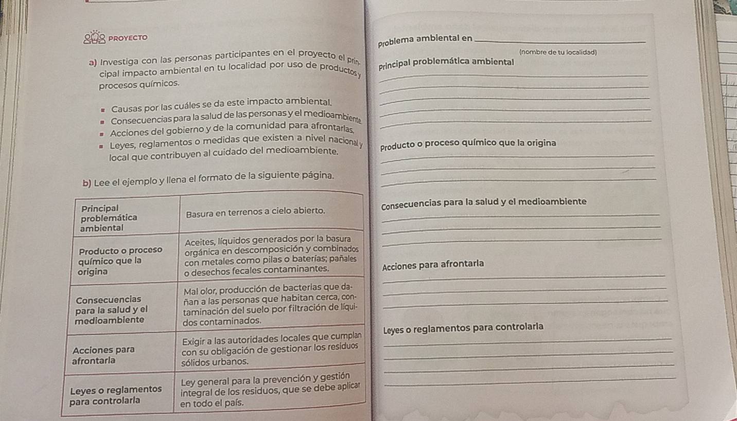 PROYECTO 
Problema ambiental en_ 
(nombre de tu localidad) 
a) Investiga con las personas participantes en el proyecto el prin 
_ 
cipal impacto ambiental en tu localidad por uso de productos principal problemática ambiental 
procesos químicos. 
_ 
_ 
_ 
Causas por las cuáles se da este impacto ambiental 
Consecuencias para la salud de las personas y el medioambiente_ 
Acciones del gobierno y de la comunidad para afrontarlas 
Leyes, reglamentos o medidas que existen a nivel nacionaly 
local que contribuyen al cuidado del medioambiente. Producto o proceso químico que la origina 
el formato de la siguiente página._ 
_ 
Consecuencias para la salud y el medioambiente 
_ 
_ 
_ 
_ 
Acciones para afrontarla 
_ 
_ 
Leyes o reglamentos para controlaria 
_ 
_ 
_