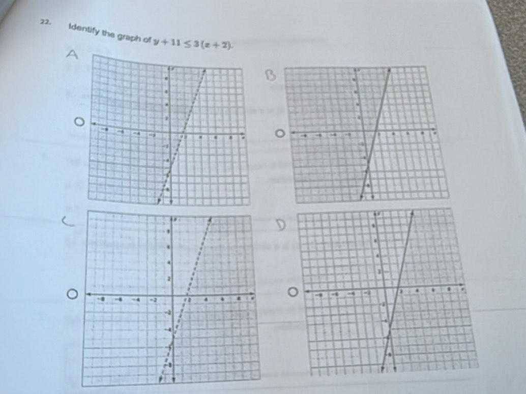 Identify the graph of y+11≤ 3(x+2). 
A 
B