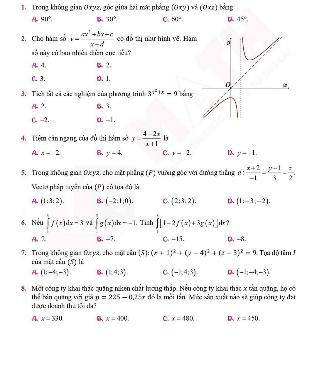 Trong không gian Oxyz, góc giữa hai mặt phẳng (0xy) và (Oxz) bằng
A. 90°. B. 30°. C. 60°. D. 45°.
2. Cho hàm số y= (ax^2+bx+c)/x+d  có đồ thị như hình vẽ. Hàm
số này có bao nhiêu điểm cực tiểu?
A. 4. B. 2.
C. 3. D. 1.
3. Tích tất cả các nghiệm của phương trình 3^(x^2)+x=9 bằng
A. 2. B. 3.
C. -2. D. -1.
4. Tiệm cận ngang của đồ thị hàm số y= (4-2x)/x+1  là
A. x=-2. B. y=4. C. y=-2. D. y=-1.
5. Trong không gian Oxyz, cho mặt phẳng (P) vuông góc với đường thẳng d :  (x+2)/-1 = (y-1)/3 = z/2 .
Vectơ pháp tuyến của (P) có tọa độ là
A. (1;3;2). B. (-2;1;0). C. (2;3;2). D. (1;-3;-2).
6. Nếu ∈tlimits _1^(3f(x)dx=3 và ∈tlimits _1^3g(x)dx=-I. Tính ∈tlimits _1^3[1-2f(x)+3g(x)]dx ?
A. 2. B. -7. C. −15. D. -8.
7. Trong không gian Oxyz, cho mặt cầu cdot a)u(S):(x+1)^2+(y-4)^2+(z-3)^2=9. Tọa độ tâm I
của mặt cầu (S) là
A. (1;-4;-3). B. (1;4;3). C. (-1;4;3). D. (-1;-4;-3).
8. Một công ty khai thác quặng niken chất lượng thấp. Nếu công ty khai thác x tấn quặng, họ có
thể bán quặng với giá p=225-0,25x đô la mỗi tấn. Mức sản xuất nào sẽ giúp công ty đạt
được doanh thu tối đa?
A. x=330. B. x=400. C. x=480. D. x=450.