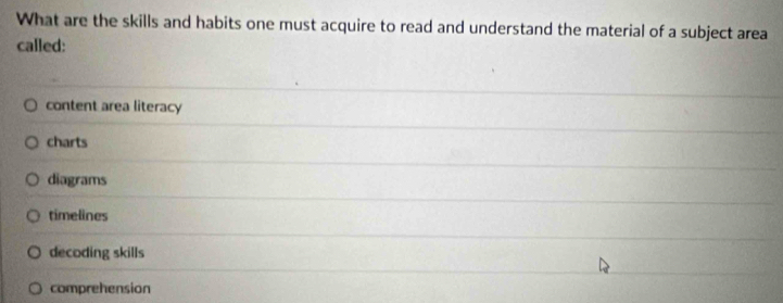 What are the skills and habits one must acquire to read and understand the material of a subject area
called:
content area literacy
charts
diagrams
timelines
decoding skills
comprehension