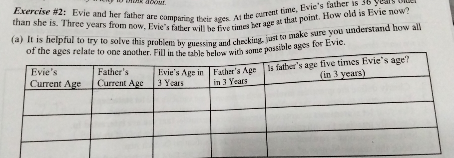 to think about. 
Exercise #2: Evie and her father are comparing their ages. At the current time, Evie’s father is 36 years ole 
than she is. Three years from now, Evie’s father will be five times her age at that point. How old is Evie now? 
(a) It is helpful to try to solve this problem by guessing and checking, just to make sure you understand how all 
e possible ages for Evie.