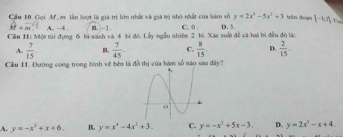 Gọi M,m lần lượt là giá trị lớn nhất và giá trị nhỏ nhất của hàm số y=2x^3-5x^2+3 trên đoạn [-1;1] Tính
widehat M+widehat m A. ~4. B. -1. C. 0. D. 3.
Câu 11: Một túi đựng 6 bi xanh và 4 bi đỏ. Lấy ngẫu nhiên 2 bi. Xác suất đề cả hai bi đều đỏ là:
A.  7/15 .  7/45 . C.  8/15 . D.  2/15 . 
B.
Câu 11. Đường cong trong hình vẽ bên là đồ thị của hàm số nào sau đây?
A. y=-x^3+x+6. B. y=x^4-4x^2+3. C. y=-x^2+5x-3. D. y=2x^3-x+4.