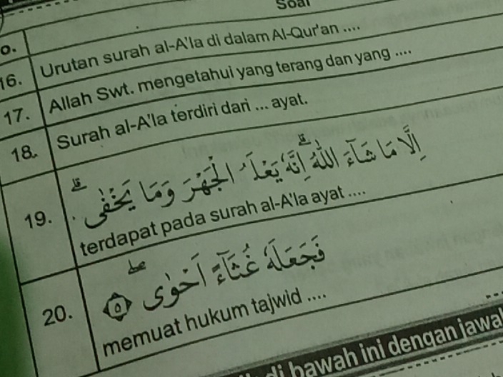 Soal 
0. 
16. Urutan surah al-A'la di dalam Al-Qur'an .... 
17. Allah Swt. mengetahui yang terang dan yang .... 
18. Surah al-A'la terdiri dari ... ayat. 
Va a L ỷ 
- 
terdapat pada surah al-A'la ayat ..... 
19. 
20. a 
memuat hukum tajwid ..... 
i hawah in i dengan jawa