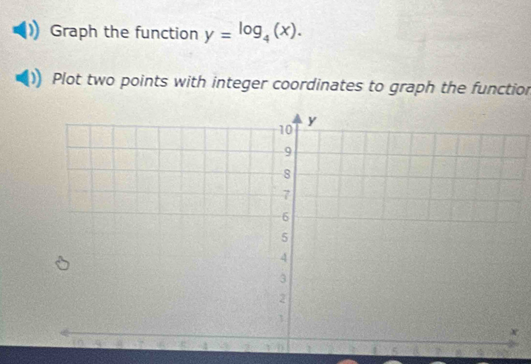 Graph the function y=log _4(x). 
Plot two points with integer coordinates to graph the functior