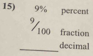 percent
beginarrayr 9%  9/100 hline endarray _ fraction 
decimal