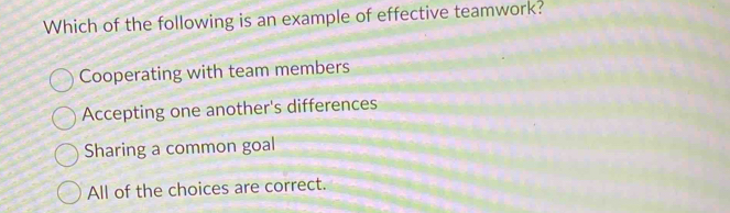 Which of the following is an example of effective teamwork?
Cooperating with team members
Accepting one another's differences
Sharing a common goal
All of the choices are correct.