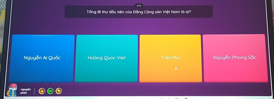 Tổng Bí thư đầu tiên của Đằng Cộng sản Việt Nam là ai?
Nguyễn Ai Quốc Hoàng Quoc Viet Trần Phú Nguyễn Phong Sắc
nguyên
phát