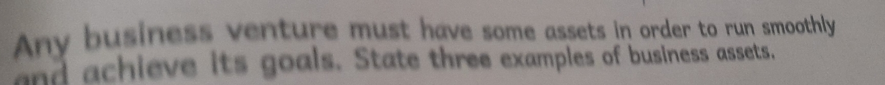 Any business venture must have some assets in order to run smoothly 
and achieve its goals. State three examples of business assets.