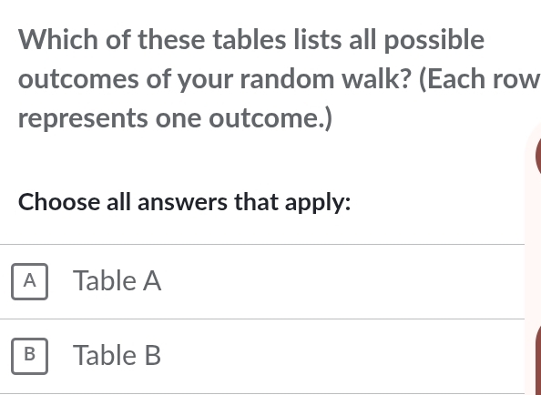 Which of these tables lists all possible
outcomes of your random walk? (Each row
represents one outcome.)
Choose all answers that apply:
Al Table A
B Table B