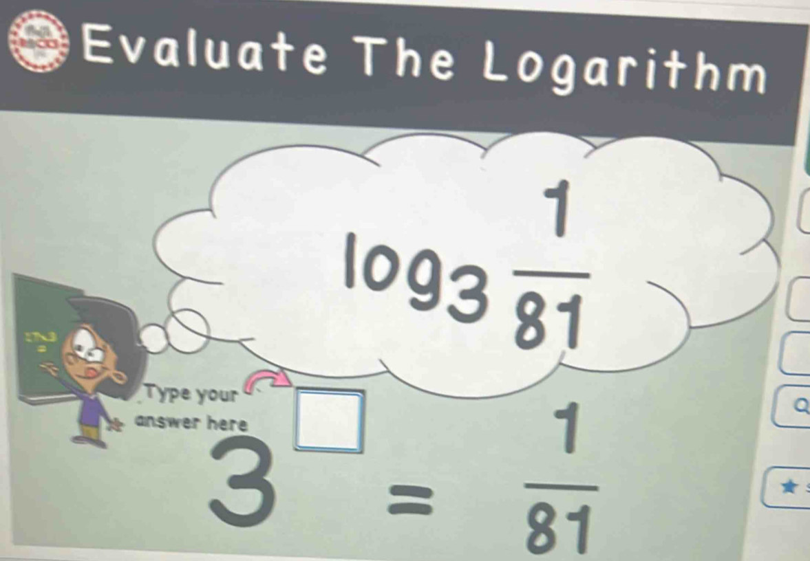 Evaluate The Logarithm
3^(□)= 1/81 
Q