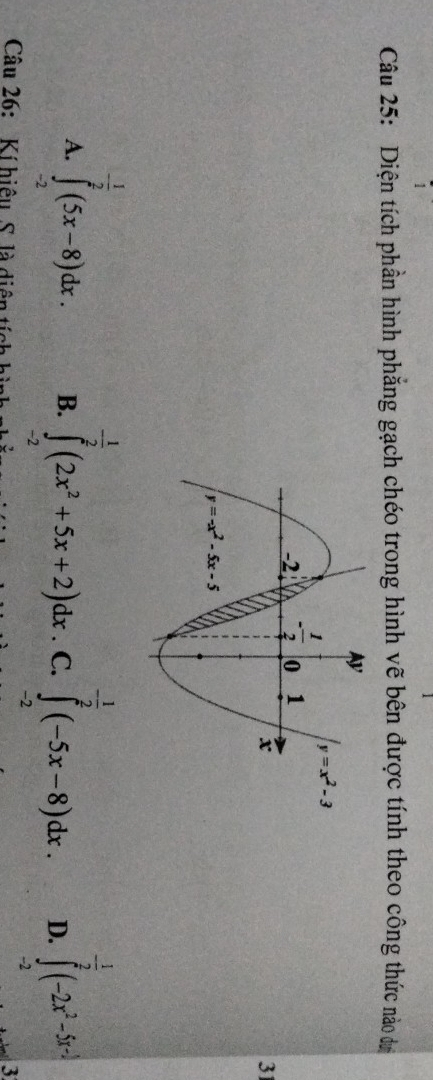Diện tích phần hình phẳng gạch chéo trong hình vẽ bên được tính theo công thức nào dư
31
- 1/2 
- 1/2 
- 1/2  J(x)
- 1/2 
A. ∈tlimits _(-2)^x(5x-8)dx.
B. ∈tlimits _(-2)^x(2x^2+5x+2)dx. C. ∈tlimits _(-2)^x(-5x-8)dx. D. ∈tlimits _(-2)^2(-2x^2-5x-2)
Câu 26: Kí hiệu S. là diện tích hình
3