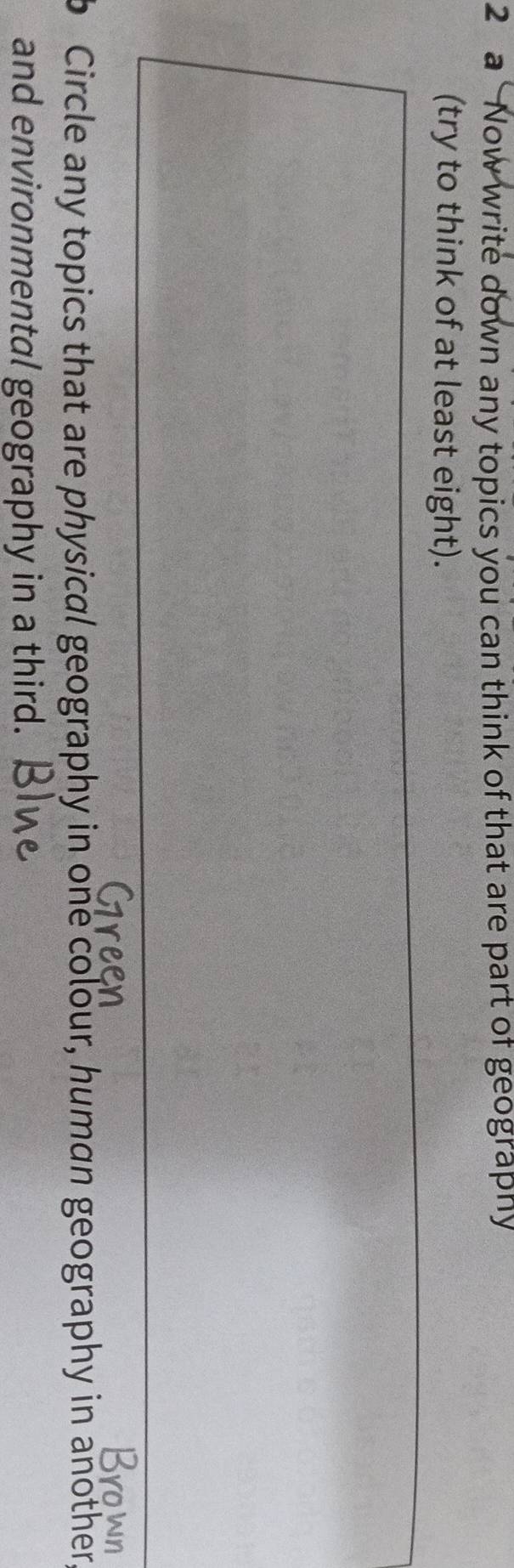 a Now write down any topics you can think of that are part of geography 
(try to think of at least eight). 
b Circle any topics that are physical geography in one colour, human geography in another, 
and environmental geography in a third.