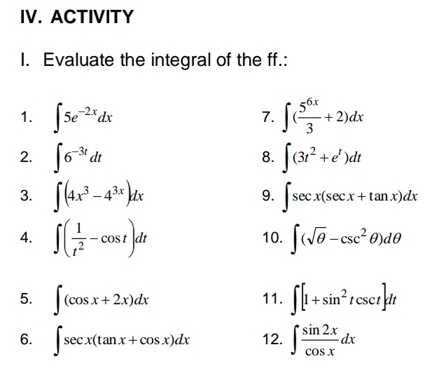 ACTIVITY 
I. Evaluate the integral of the ff.: 
1. ∈t 5e^(-2x)dx ∈t ( 5^(6x)/3 +2)dx
7. 
2. ∈t 6^(-3t)dt ∈t (3t^2+e^t)dt
8. 
3. ∈t (4x^3-4^(3x))dx ∈t sec x(sec x+tan x)dx
9. 
4. ∈t ( 1/t^2 -cos t)dt 10. ∈t (sqrt(θ )-csc^2θ )dθ
5. ∈t (cos x+2x)dx 11. ∈t [1+sin^2tcsc t]dt
6. ∈t sec x(tan x+cos x)dx 12. ∈t  sin 2x/cos x dx