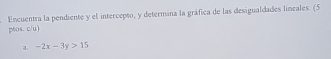 Encuentra la pendiente y el intercepto, y determina la gráfica de las desigualdades lineales. (5
ptos. c/u)
a. -2x-3y>15